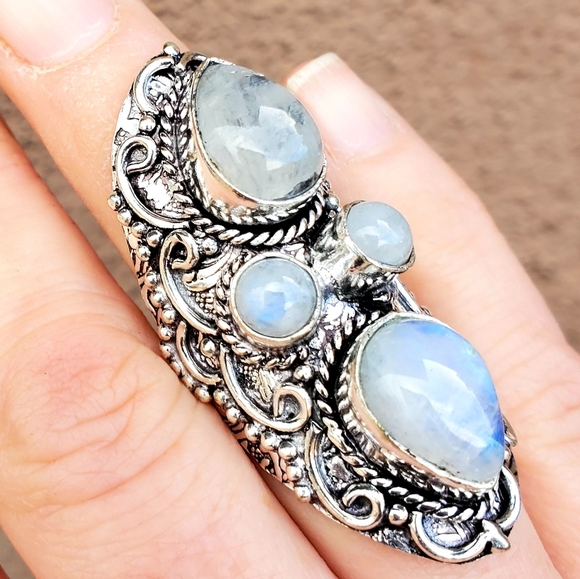 New Rainbow Moonstone 925 Silver Statement Ring.